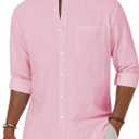 Alimens & Gentle Men's Cotton Linen Shirts Long Sleeve Button Down Shirt Band Collar Beach Shirts (Pink, M)