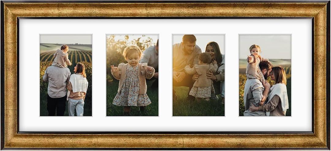 Golden State Art, 8x20 Antique Gold Photo Collage Frame with White Mat displays (4) 4x6 Pictures - Great for Dad Gifts from Daughter Son, Four 4x6 Openings