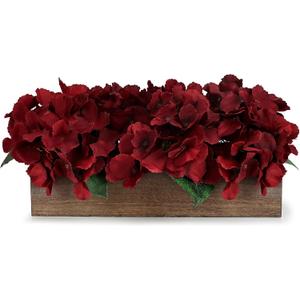 Spring Pre-Made Flower Table Centerpiece, Artificial Hydrangea Arrangements Centerpieces Fake Flowers Decor Wood Tray Faux Flower Wedding Room Kitchen Farmhouse Indoor Office Party(Burgundy)