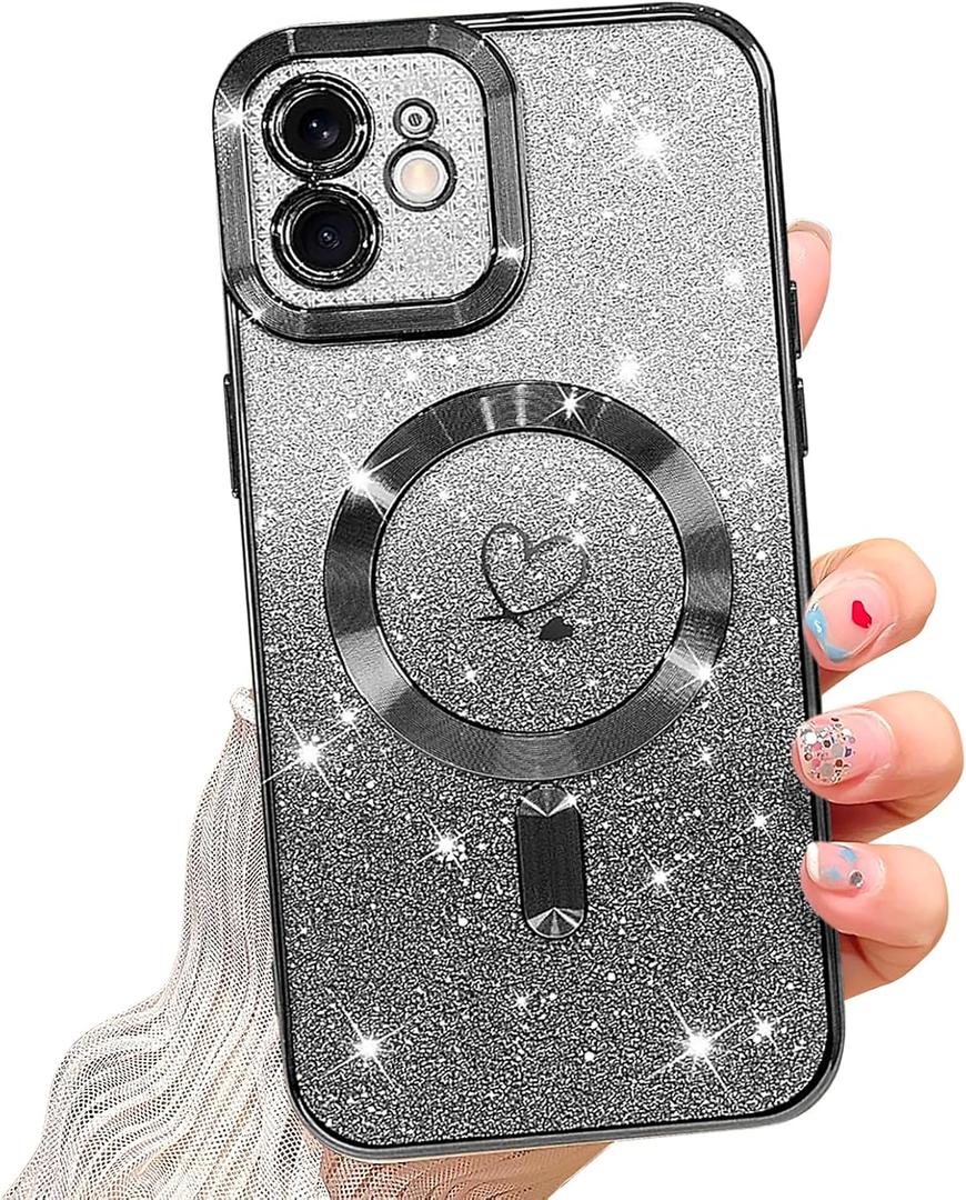 NITITOP Compatible with iPhone 12 Case Cute Clear Glitter [Compatible for MagSafe] Plating Heart Sparkle Bling Magnetic Girl Women Electroplated Frame Camera Protection Back Cover - Black