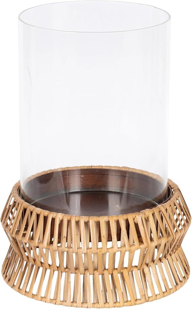 Kate and Laurel Rashana Modern Boho Rattan Pillar Candle Holder, 8 x 8 x 11, Natural, Coastal Hurricane Candle Holder with Glass Cylinder for Living Room Decor