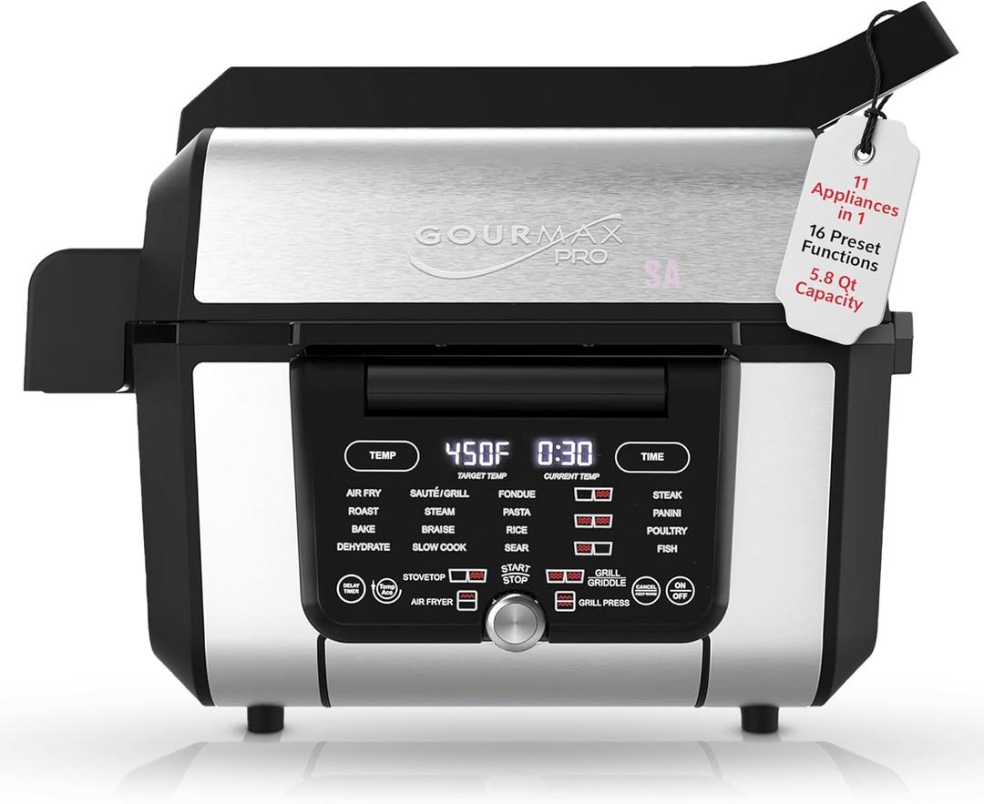 Foodgenie Gourmax Pro One Cooking Device - All-in-One Oven, Smokeless Grill, Air Fryer, Griddle, Cooker & More  16 Preset Functions, Smart Temperature Control, Dual Surface, Dishwasher Safe, 1500W