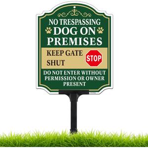 No Trespassing Dog on Premises Sign with Adjustable Height Stake Set, Beware of Dog Sign, 12x10 Inch/44 Inch High-50-Mil Thick Aluminum, Dog on Duty Signs for Yard, Plug and Play Ready
