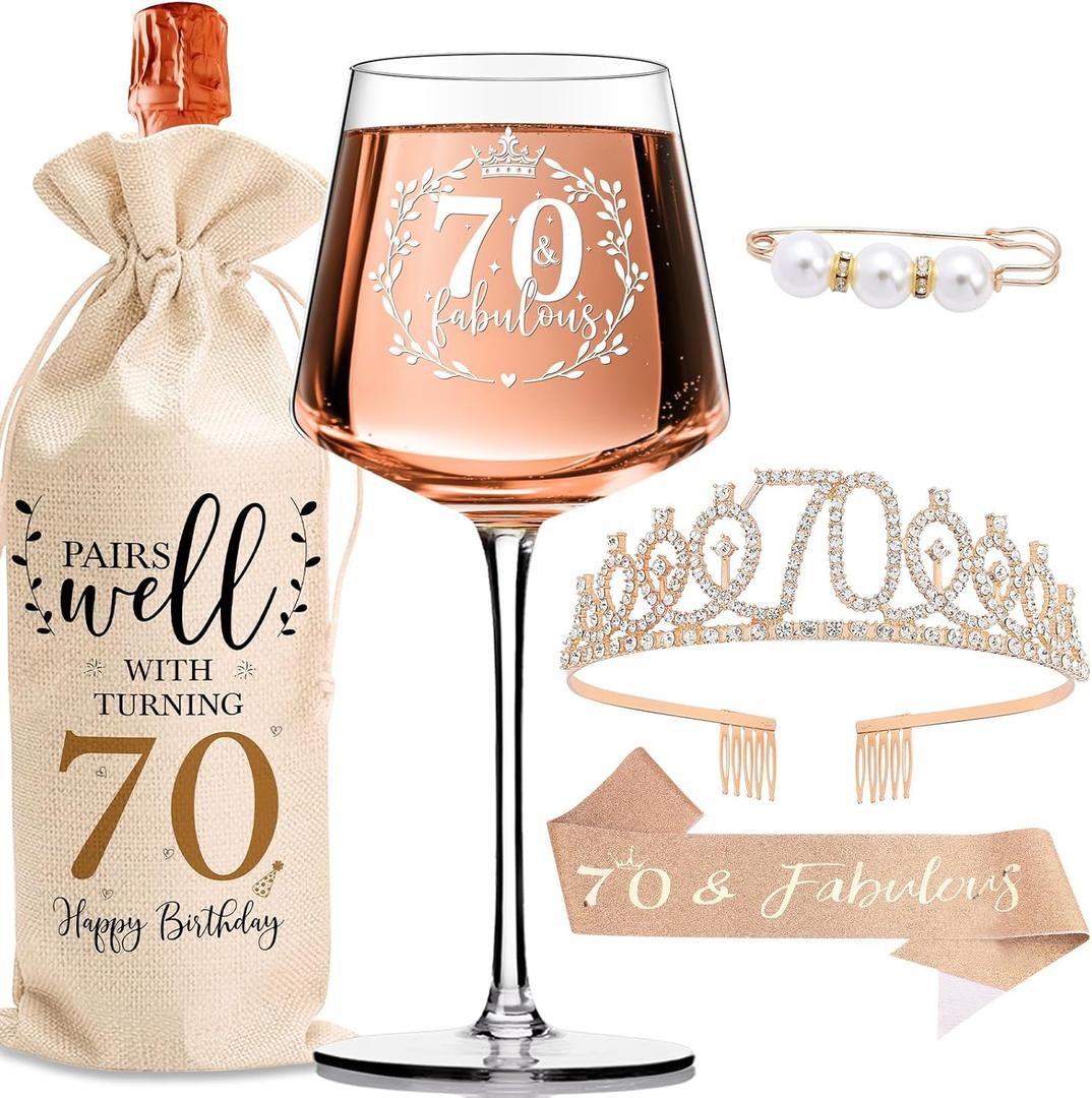 70th Birthday Gifts for Her - Elegant Decorations with Vintage Wine Glasses, Wine Bag, Birthday Sash, Crown, Rhinestone Birthday Tiara, Perfect for Women, Mom, Wife, Grandma, Sister, BFF