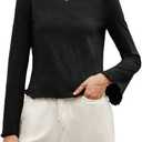 SOFIA'S CHOICE Women's Flare Long Sleeve Crop Top T Shirt Crewneck Lettuce Trim Tops Black XX-Large