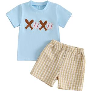 Toddler Baby Boy Summer Clothes Baseball T-shirt Tops and Gingham Plaid Shorts Set Infant Game Day Football Outfit 2-3T
