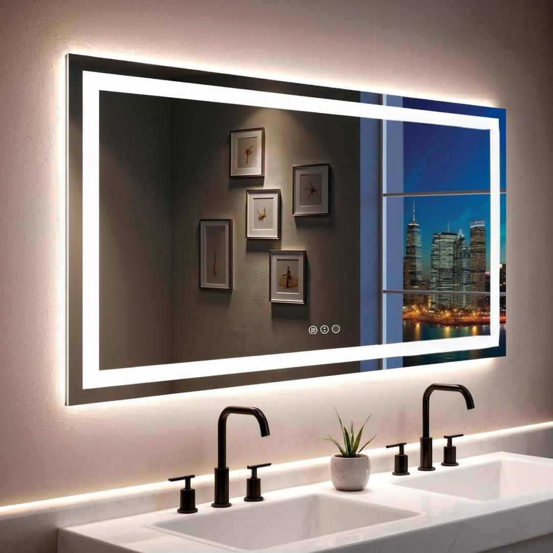 55"x 30" LED Bathroom Mirror with Lights, Double Lighting Sources Dimmable, Anti-Fog Vanity Mirror with Lights, Lighted Bathroom Vanity Mirror for Wall Tempered Glass (Horizontal/Vertical) (Front and Backlit)