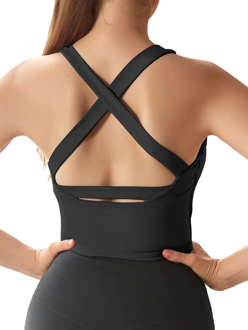 Honlyps Criss Cross Workout Tops for Women Backless Strappy Sports Bra Longline Fitness Yoga Crop Tank Top with Bulit in Bra (Large, Black)