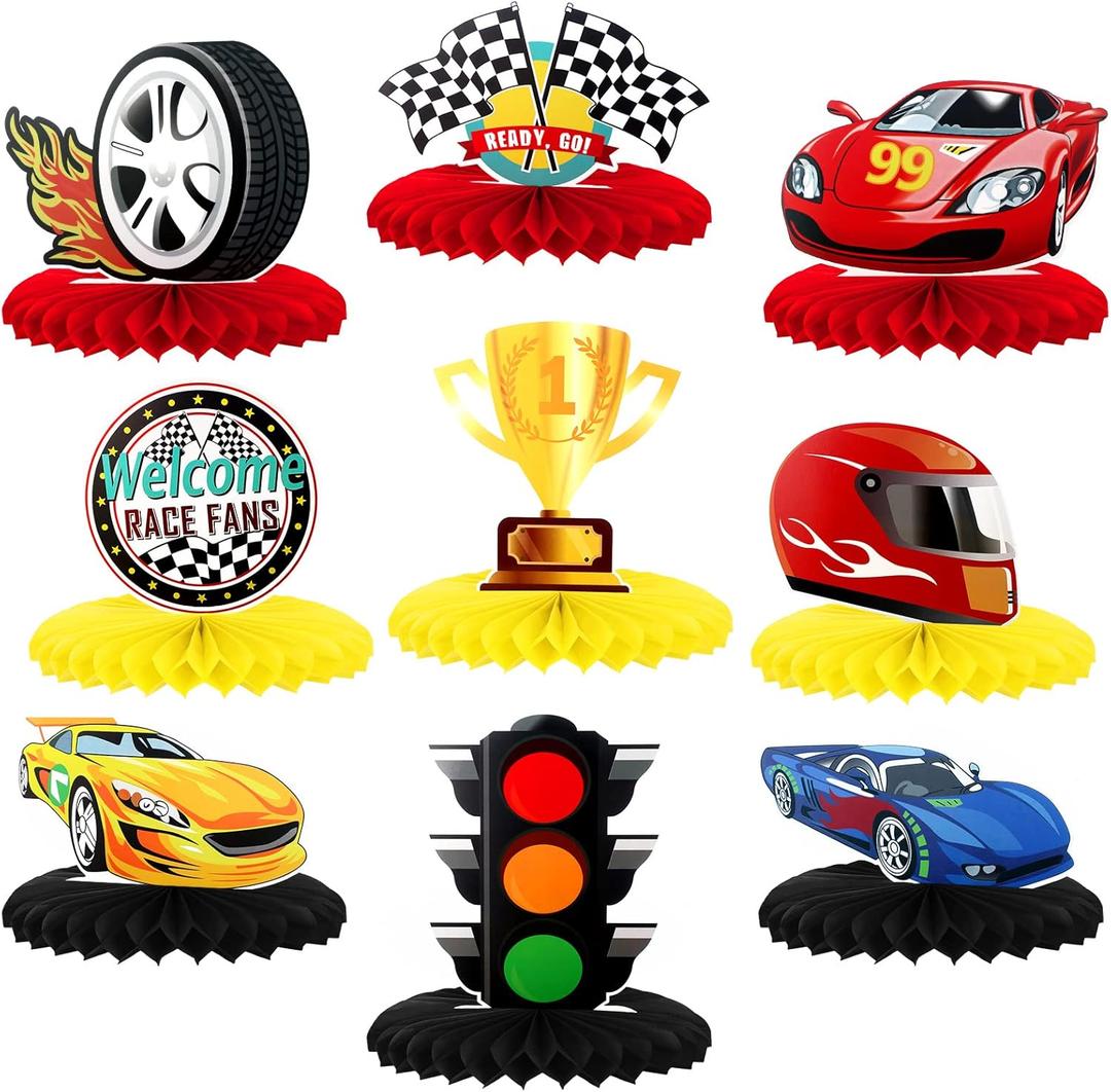Inbagi 9 Pieces Race Car Party Decorations Race Car Honeycomb Centerpieces Party Table Decor Double-Sided Photo Booth Props for Birthday Supplies
