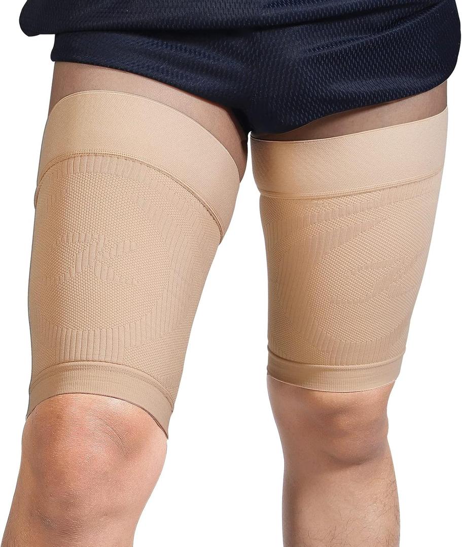 Thigh Compression Sleeves (Pair), Unisex, Hamstring Compression Sleeve for Quad & Groin Pain Relief & Recovery, Thigh Brace & Wrap Great for Running Sports & Injury, Upper Leg Sleeves Beige 3XL (3X-Large)