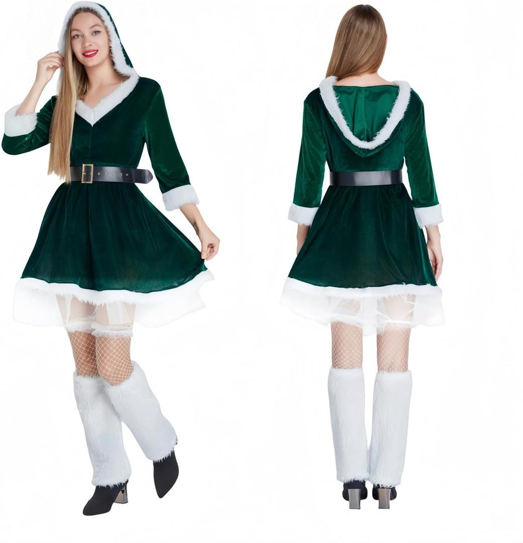 4PCS Mrs Santa Costume Women,Deluxe Claus Costume for Women with Hooded Dress, Belt Stockings Leg Covers (Medium, Green)
