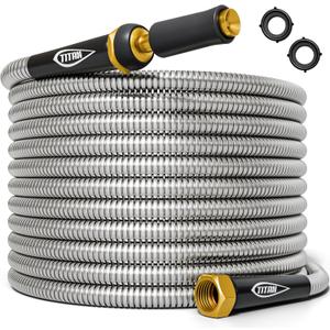 TITAN Garden Hose 100FT  304 Stainless Steel Metal Water Hose, Flexible, KinkFree, Lightweight, Durable, Crush Resistant Fittings, Easy to Coil, 500 PSI