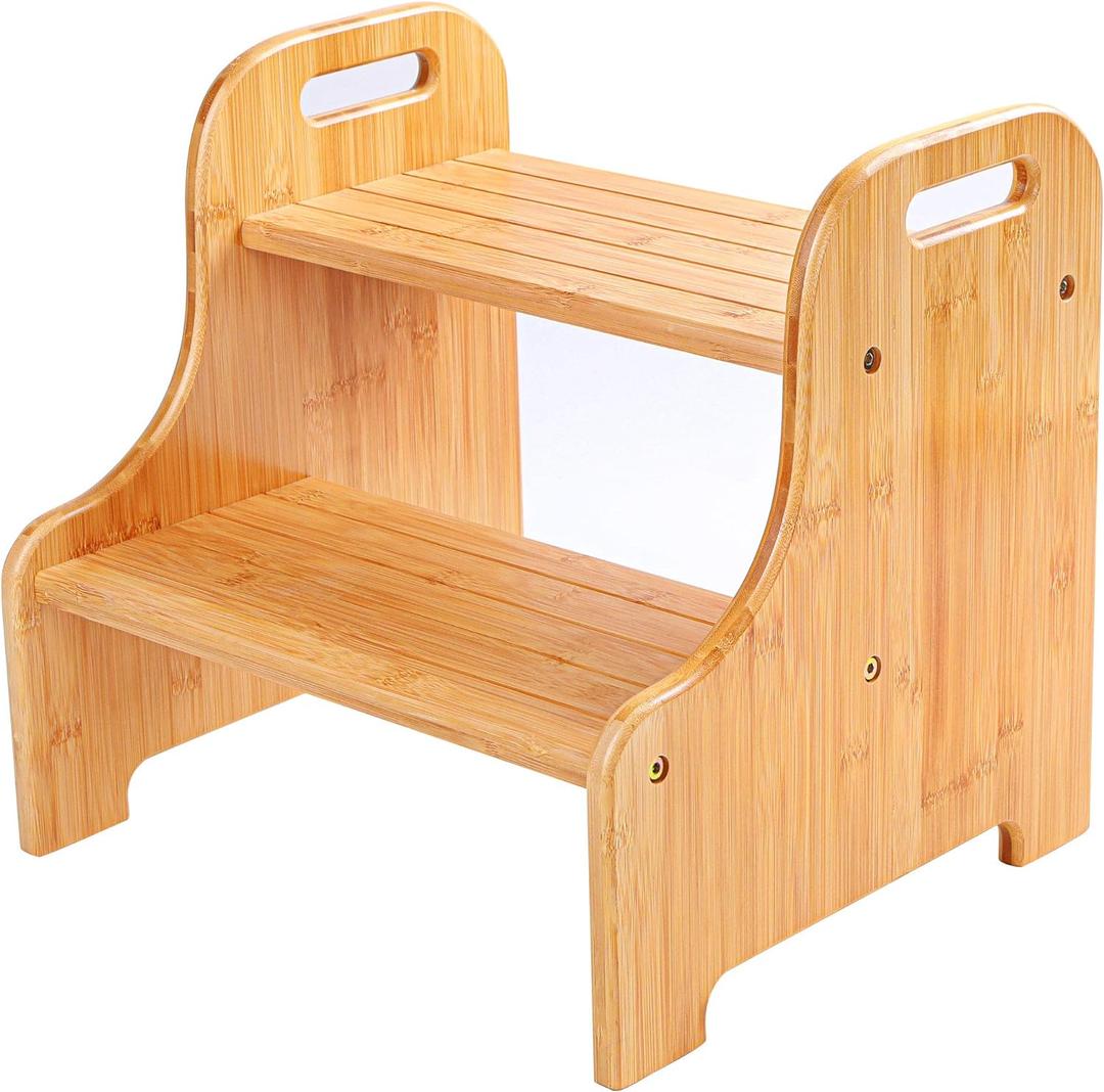 VaeFae Bamboo 2 Step Stool with Non-Slip Step Treads and 2 Cutout Handles (Natural)