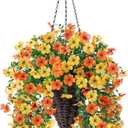 HyeFlora Artificial Flowers for Outdoors Decoration, 2Pcs Fake Hanging Spring Decor, Yellow and Orange Realistic Plants, UV & Fading Resistant Silk Flower for Porch Patio Balcony Planter Yard