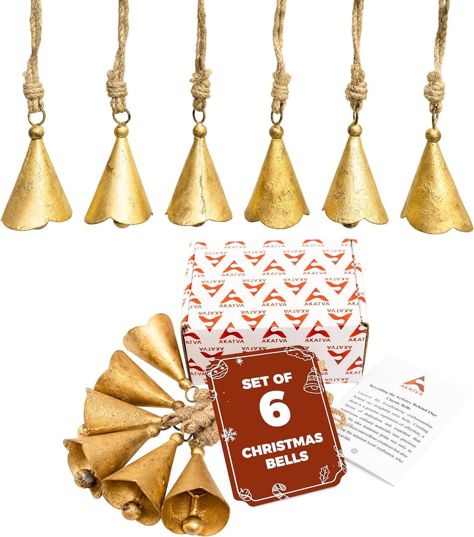 AKATVA Gold Christmas Ornaments Set  Vintage Christmas Decor for Tree  Gold Christmas Bells  Christmas Tree Ornaments for Holiday Season  Rustic Bells Hanging Ornaments  Set of 6 Pieces (6 pcs Cone Shape)