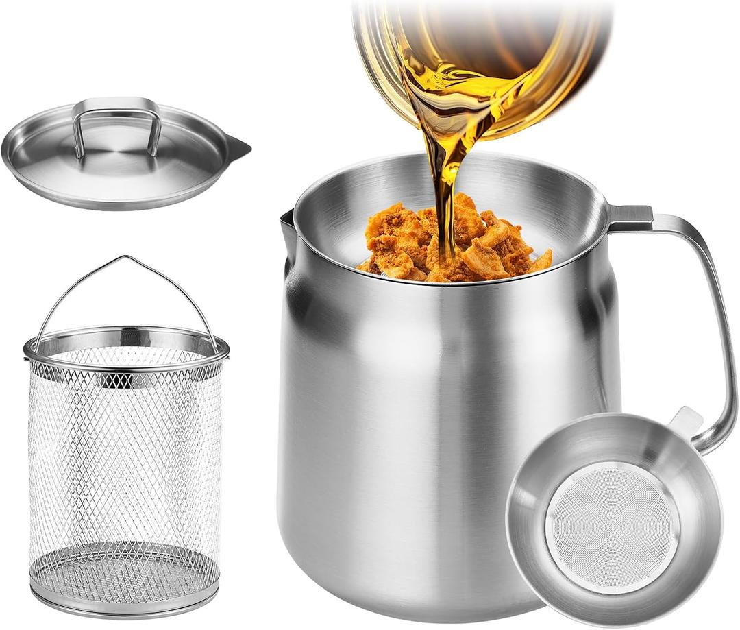 119oz 304 Stainless Steel Deep Fryer Pot with Basket & Strainer, Large Capacity Bacon Grease Container for Kitchen, Frying, Cooking, Camping, Oil Filter Container - Dishwasher Safe (119oz/3.5L/3.7Qt)