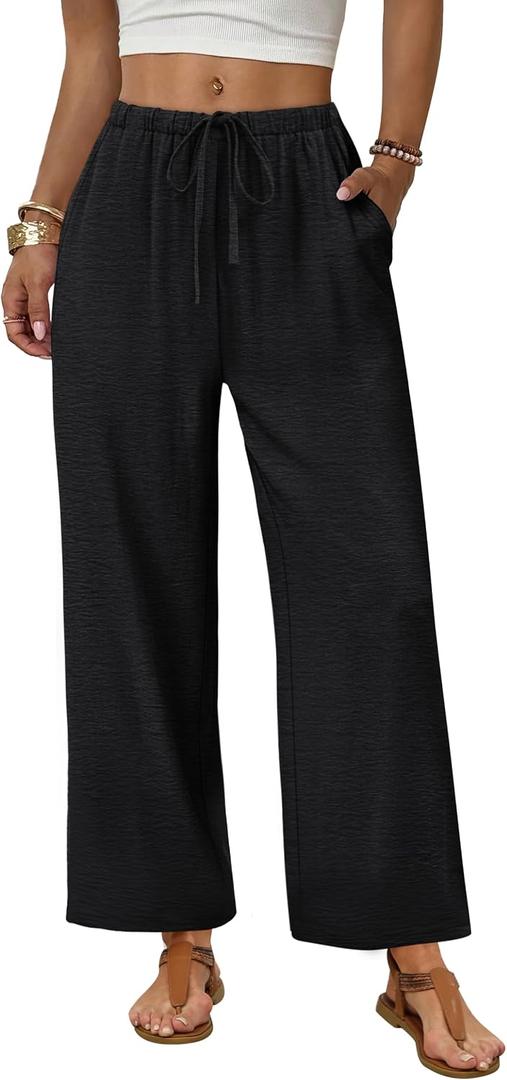 Sampeel Womens Wide Leg Linen Pants Woman Palazzo Capri Pants for Women Flowy Summer Boho Beach Vacation Outfits Cruise 2026 Fashion Clothing Business Casual Outfits Work Trousers Black M