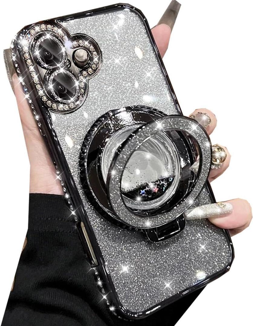 Glitter Kickstand Case for iPhone 17, Cute Luxury Bling Sparkly Diamond Rhinestones with Camera Lens Protector Liquid Flowing Ring Stand TPU Bumper Women Girls Case for iPhone 17 6.3" (Black)