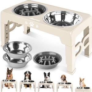 Elevated Dog Bowls, Dog Feeder with Stainless Steel Dishes & Slow Feeder Bowl, 5 Heights Adjustable Raised Stand for Medium Large, Food Dishes with Non-Slip Feet (Apricot)