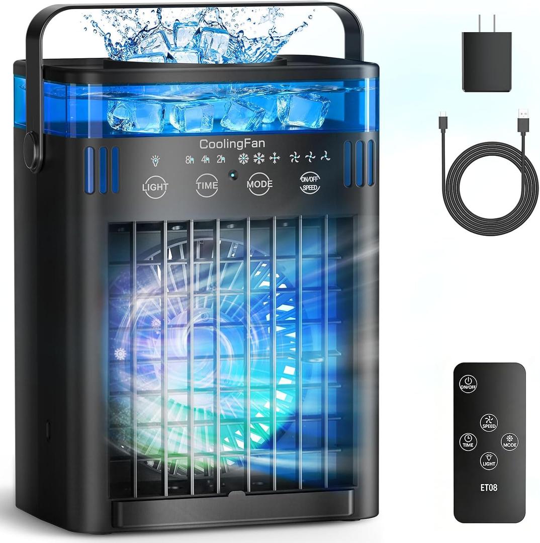 Portable Air Conditioners, Mini Air Conditioner Portable AC Unit with Remote Control, 3 Wind Speed & 3 Mist Level & 2-8H Timer & 7 LED Light Evaporative Air Cooler for Home Office Room, Black