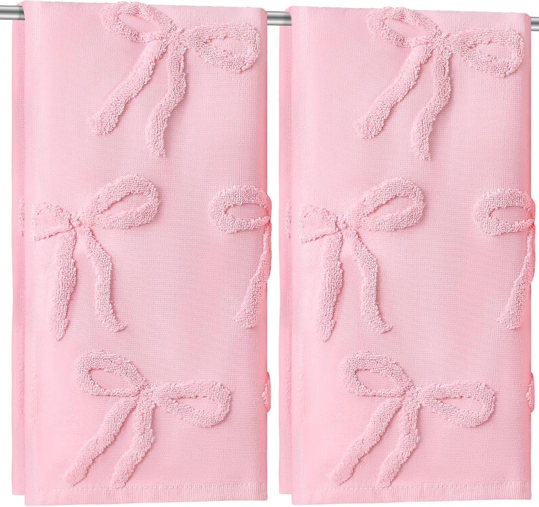2 Pcs Pink Hand Towels for Bathroom Coquette Bow Hand Towels 100% Cotton Absorbent Decorative Jacquard Weave Bath Decor Preppy Bathroom Decor Gift, 13.7 x 29.5 Inch