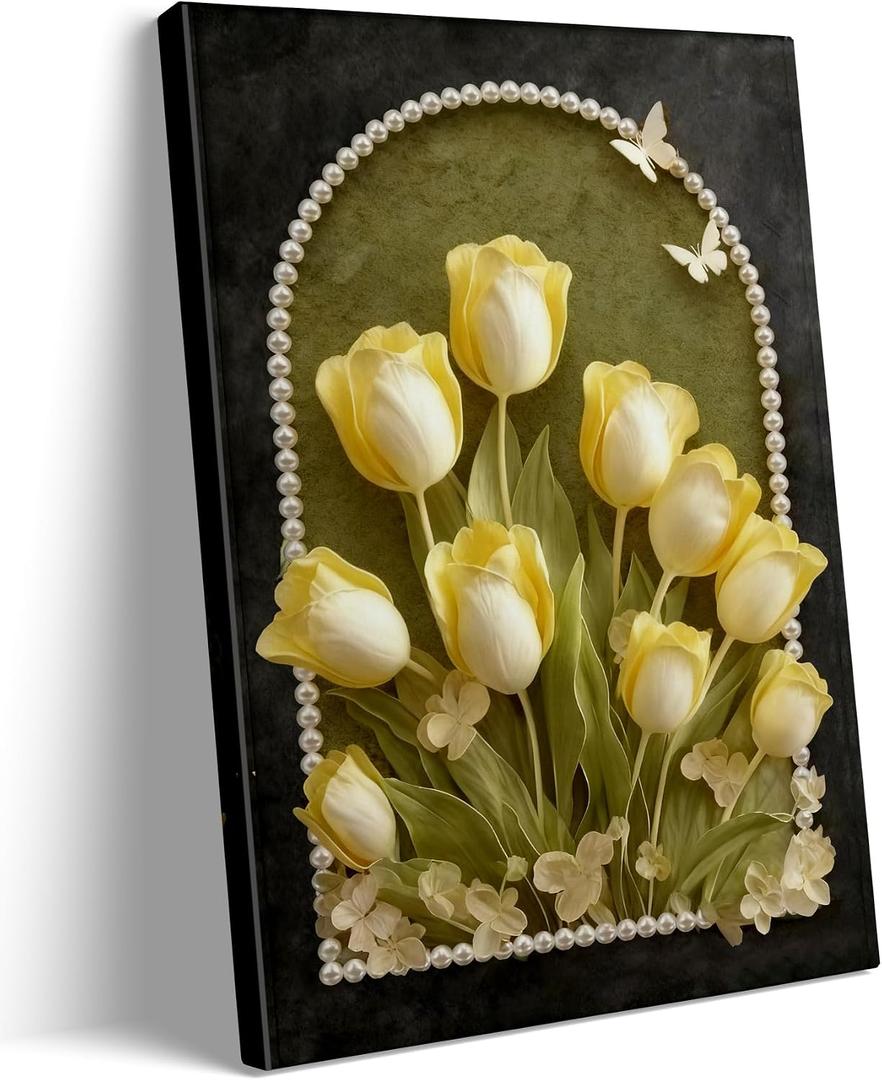 Vintage Yellow Tulip Floral Canvas Wall Art Retro Moody Flower Wall Decor, 24"L x 16"W