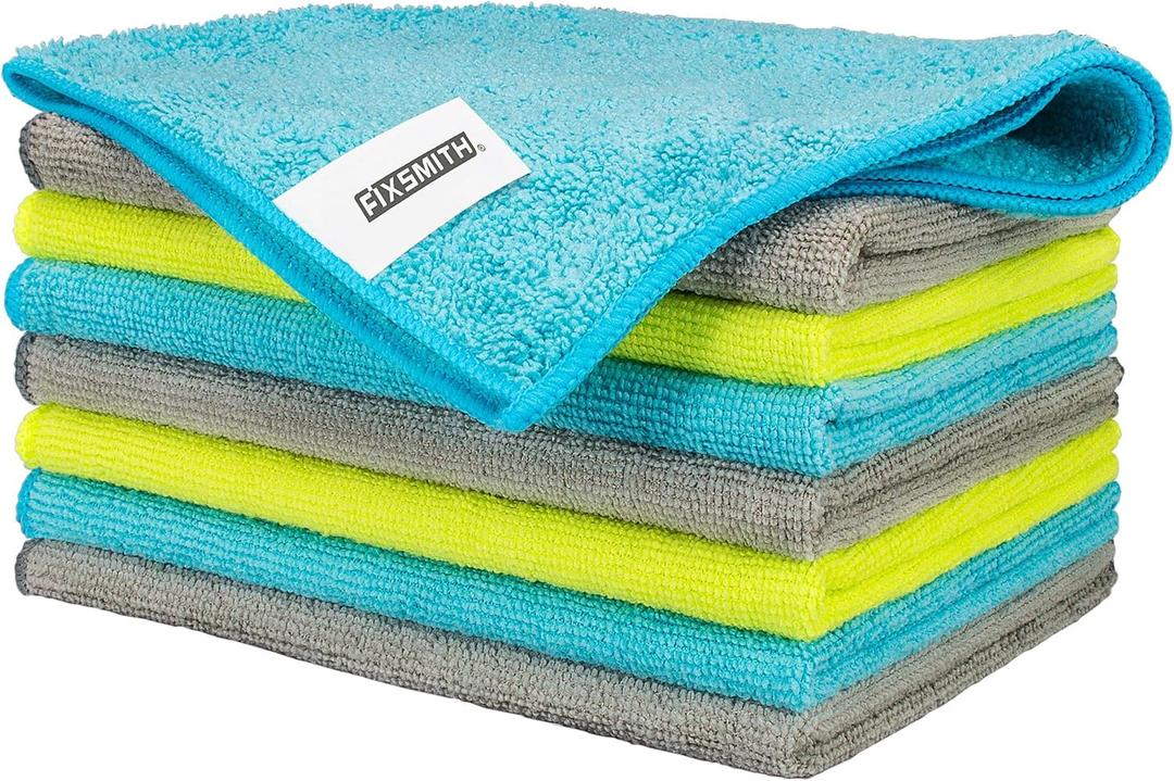 FIXSMITH Microfiber Cleaning Cloth - Pack of 8, Size: 12 x 16 in, Multi-Functional Cleaning Towels, Highly Absorbent Cleaning Rags, Lint-Free, Streak-Free Cleaning Cloths for Car Kitchen Home (3 Colors Assorted)