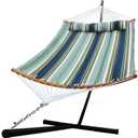 Hammock with 12.8 Feet Stand & Curved Bamboo Spreader Bar Double Hammocks 2 Person Heavy Duty Max 450lbs Capacity, Navy Blue&Aqua