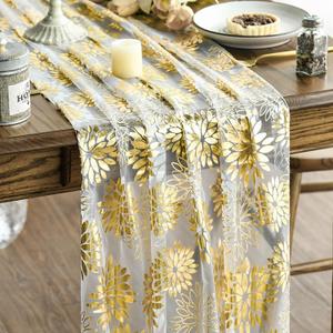 Artoid Mode 3PCS Beige Gold Dahlia Flower Gauze Table Runner 120 Inch 10FT, Glitter Metallic Foil Seasonal Sheer Dining Holiday Table Decor for Home Party