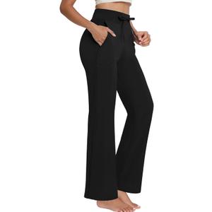 Yoga Pants Women Flared High Waisted Stretch Drawstring Causal Pants Workout Gym with Pockets (Large, Black)