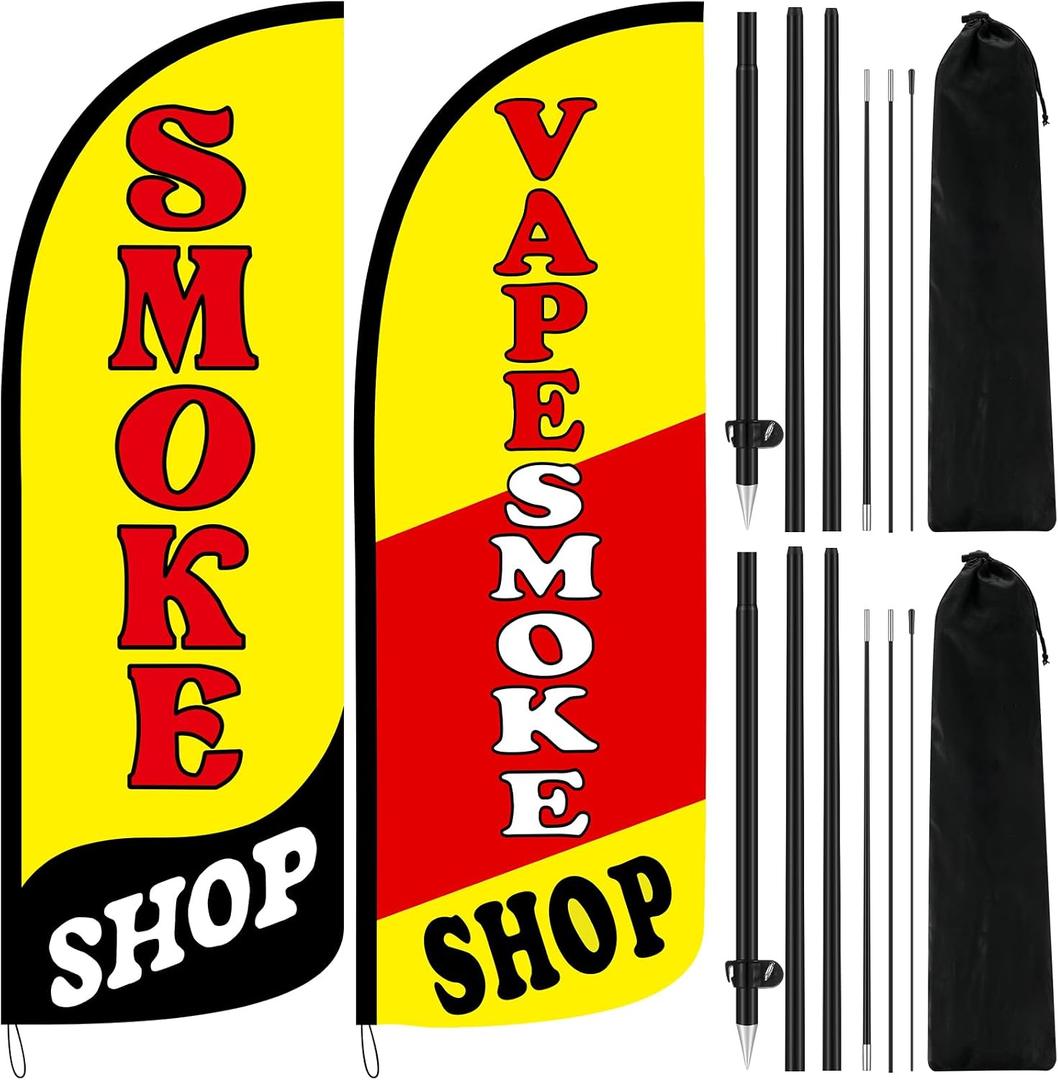 2 Set Smoke Shop Feather Flag Pole Kit 7ft Smoke Shop Sign Banner Knitted Windless Advertising Feather Banner Sign for Outside Outdoor Business Decoration, Large Signage