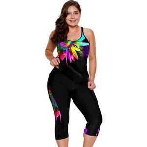 LALAGEN Womens Plus Size Swimsuits 2025 Modest Rash Guard Capris Tankini Bathing Suits Two Piece Bathing Suit Swimwear (Large, Colorful Sunflower)