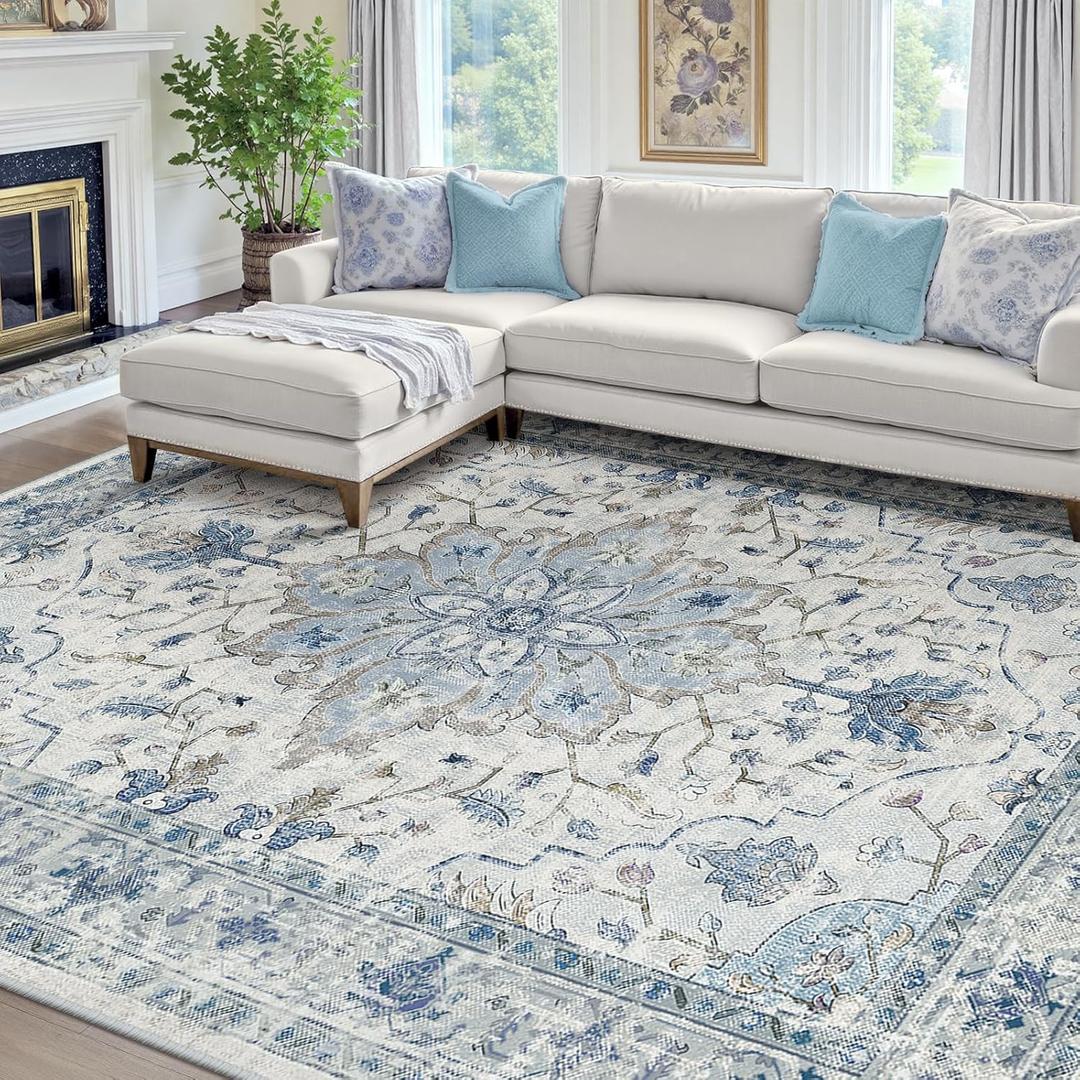 Area Rugs 8'x10' Washable Non-Slip, Floral Vintage Distress Print Pattern Medallion Carpet for Living Room Bedroom Dining Room, Light Blue Navy Beige Gray White