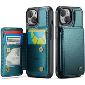 Vinich for iPhone 14 Wallet Case with Card Holder, RFID Blocking Credit Slots Kickstand Shockproof Phone Cover for Women Men, Bluish Green