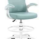 Drafting Chair Tall Office Chair for Standing Desk - Ergonomic Computer Work Stool with Lumbar Support, Flip-up Arms & Foot Ring. for Studio Artist Engineer Gaming Bar Study (Light Blue)