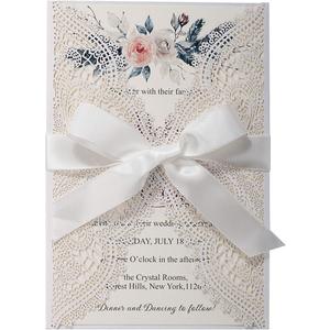 5.12x7.28 Inch 50PCS Blank White Wedding Invitations Kit Laser Cut Hollow Lace Pocket and Bowknot Quinceanera Invitation Cards with Envelopes for Wedding Birthday Invite