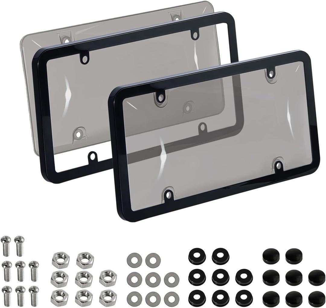 2 PCS Clear License Plate Cover & Frame, Anti-Scratch Weather-Resistant License Protector Holder, Universal Car Exterior Accessories Fit for US Standard Plates with Screws Caps & Washers,Gray