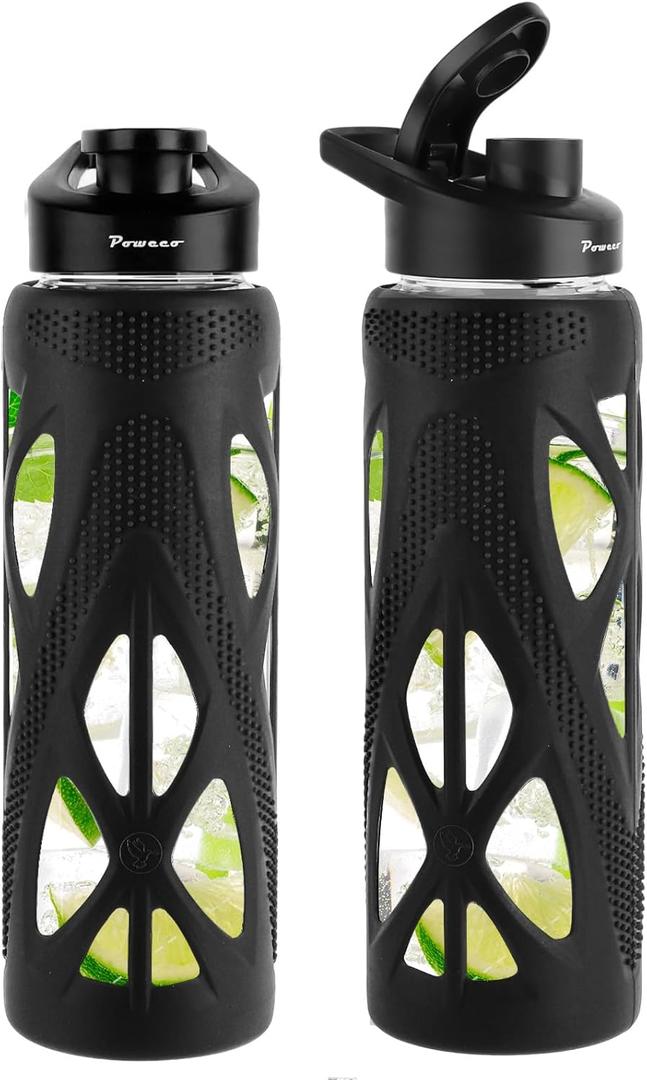 24 oz Glass Water Bottles with Silicone Sleeve and Flip Lid - Borosilicate Glass, Leakproof, BPA-Free, Perfect for Coffee, Tea and Water (Deep Black)