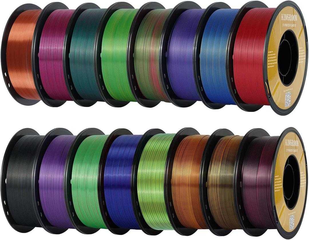 Kingroon Tricolor PLA Filament, Dualcolor Silk PLA Filament, Multicolor 3D Printer Filament, 1.75 mm, Dimensional Accuracy +/- 0.03 mm, 16kg Spool(35.2lbs) 16 Rolls, 16 Different Multicolor Filaments