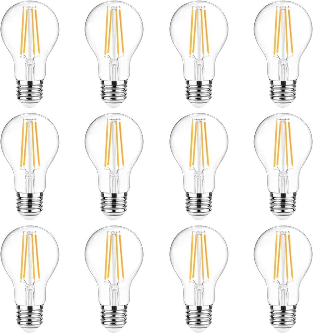 Ascher 60 Watt Equivalent, E26 LED Filament Light Bulbs, Warm White 2700K, Non-Dimmable, Classic Clear Glass, A19 LED Light Bulb with 80 CRI, Pack of 12