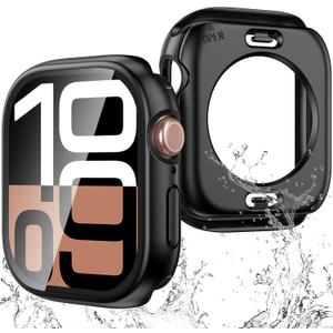 3 in 1 Waterproof Case for Apple Watch Screen Protector 46mm Series 10/Series 11,with Tempered Glass,[360 Protective Front and Back] PC Bumper Face Cover Compatible iWatch Accessories (Matte Black)