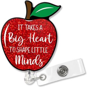 XQLZY It Takes A Big Heart Cute Red Glitter Badge Reel Retractable with Alligator Clips, Funny Apple ID Card Badge Holder Gifts for Teachers Tutor, Professor, Educators, Back to School Gift