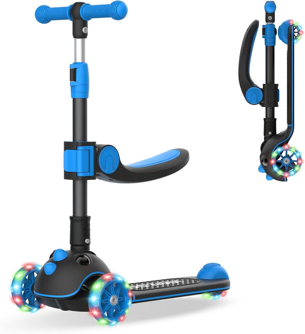Gotrax KS3 Pro Folding Kick Scooter for Kids, One Key Removable Seat & 3 Extra Wide PU Light-Up Wheels and Anti-Slip Deck, Adjustable Height Handlebar and Lean-to-Steer Scooter for Children Aged 2-8 (Blue)