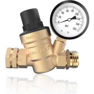 RVGUARD RV Water Pressure Regulator Valve, Brass Lead-Free Adjustable Water Pressure Reducer with Gauge and Inlet Screen Filter for RV Camper Travel Trailer