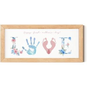 TwoDays First Mother's Day Handprint Gift from Baby - DIY LOVE Keepsake Hand & Footprint Craft Kit for Mom, Family Activity, Great Newborn Gift for Mother's Day (6" X 14", Wood Frame)