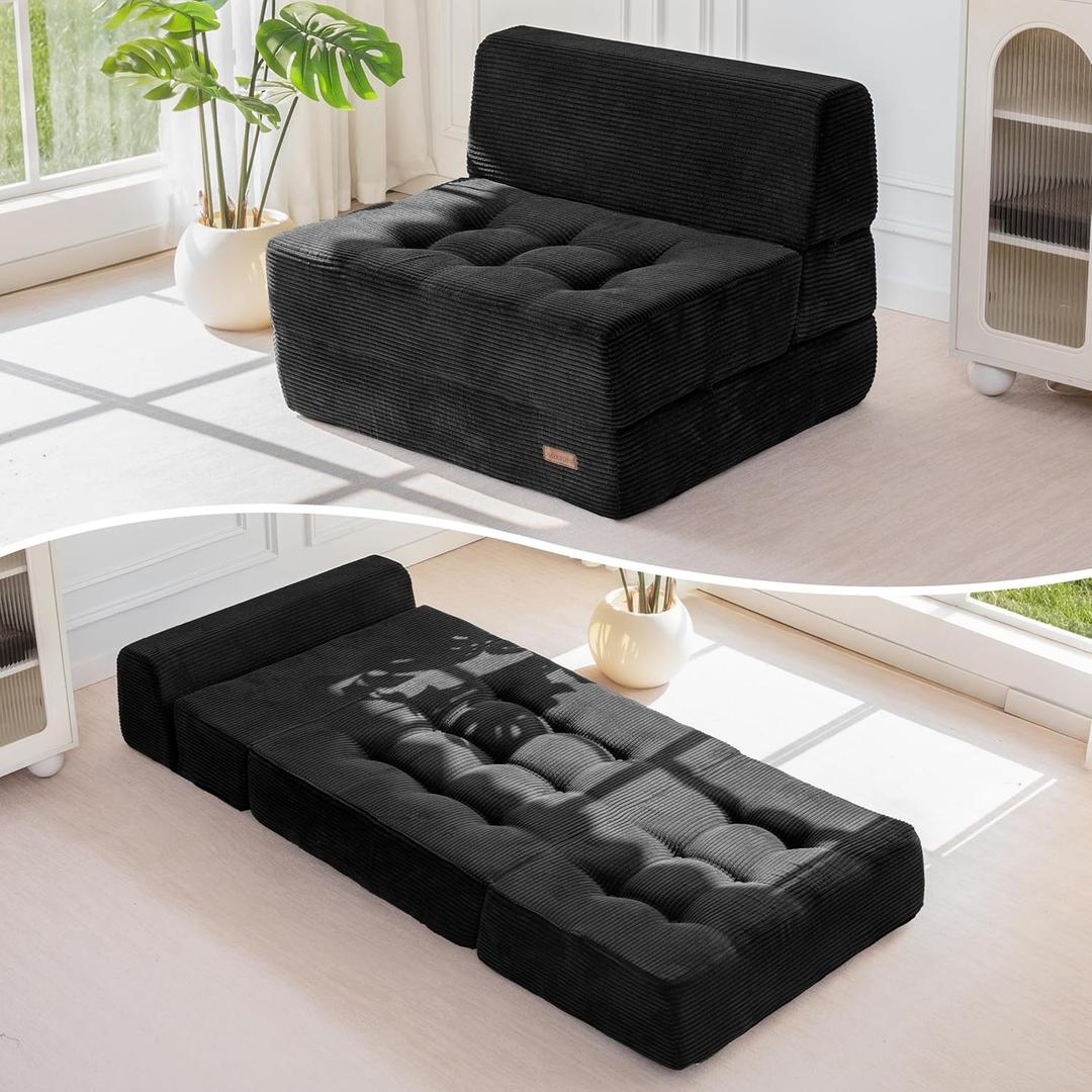 MAXYOYO 8" Folding Sofa Bed, Convertible Sleeper Sofa Lounger Foldable Mattress, Wedge Shape Floor Couch Tufted Fold Out Chair Bed Comfy Floor Couch Lounge for Living Room Bedroom, Single, Black (35.4" Standard)
