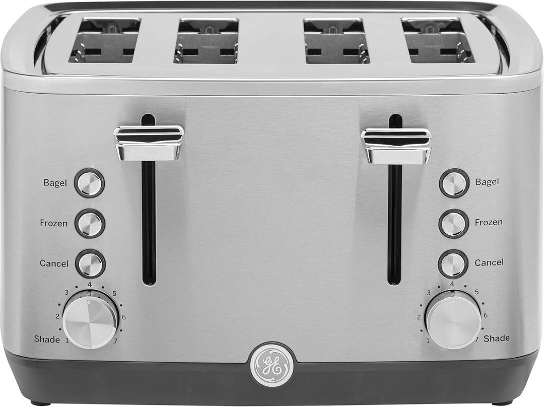 GE Stainless Steel 4 Slice Toaster | Extra Wide Slots for Bagels, Breads, Waffles & More | 7 Shade Options | Countertop Kitchen Essentials | 1500 watt