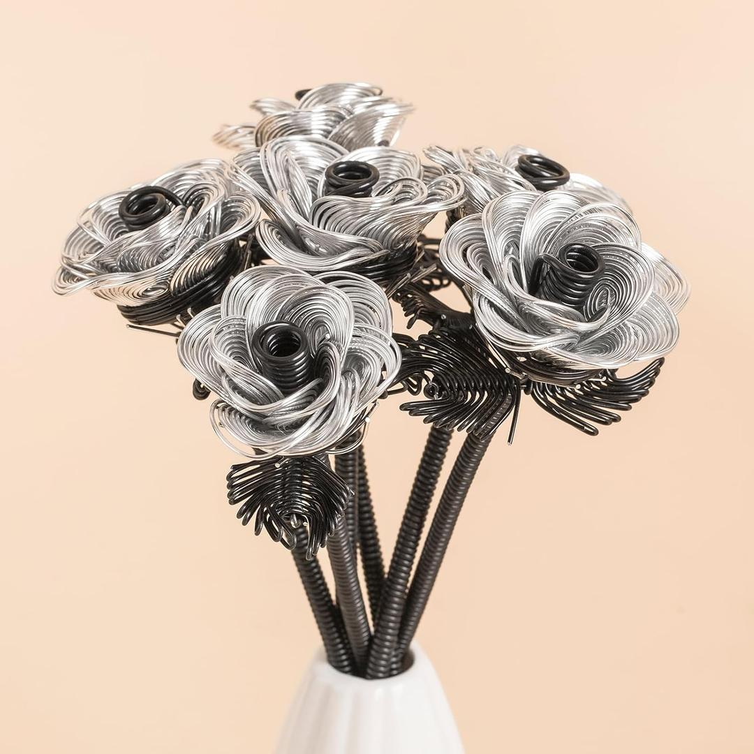 6Pcs Silver Black Metal Bouquet Rose Artificial Flowers,Fake Rose with Waterproof Aluminum Armature Crafted,Hotel Table Decor Office,Mother's Day Thanksgiving Valentine's Day Girl's Birthday Party