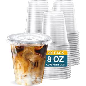 SHOPDAY 8 oz-Plastic-Cups-with-Lids - 200 Pack Disposable Clear Cups with Lids, Small Cup for Cold Drink Smoothie Food, Coffee Cup