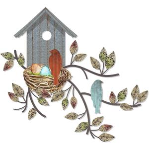 Peryiter Birds Wall Metal Decor for Outdoor Art Hanging Metal Tree with Birdhouse for Living Room Tree Leaf Wall Decor for Indoor Outdoor Garden (Brown, Blue)